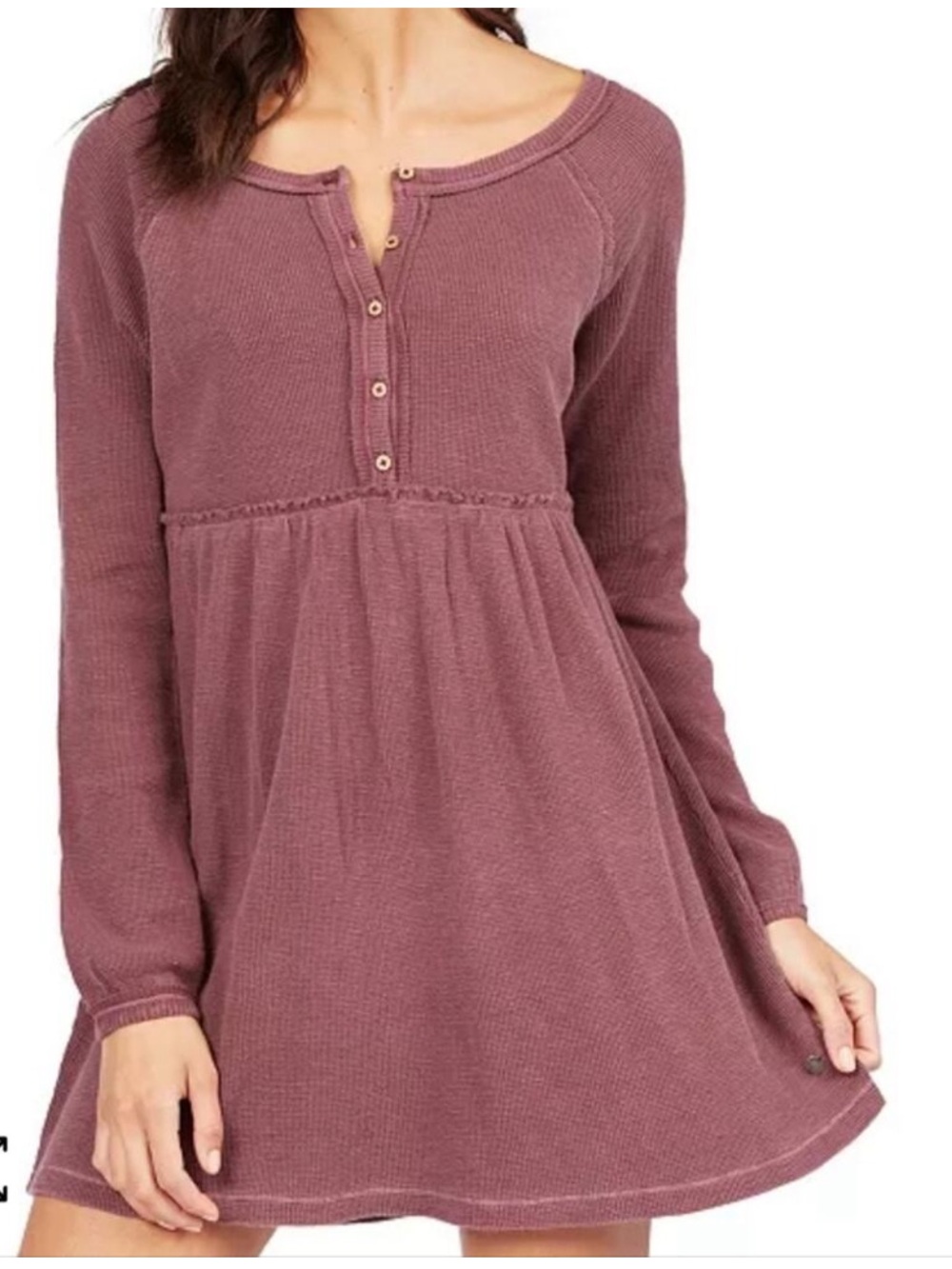 NWT ROXY Long-Sleeve Henley waffle Babydoll Dress in Mauve size medium